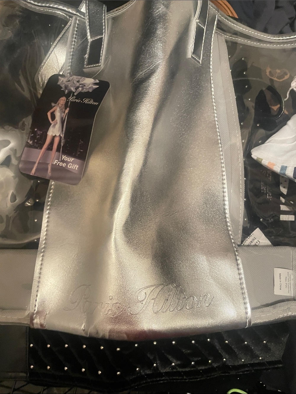 Paris Hilton Silver Metallic Tote with Embossed Script